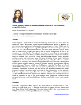 Habitat Suitability Analysis of Elephant in Palamau Tiger Reserve, Jharkhand Using Geospatial Technology