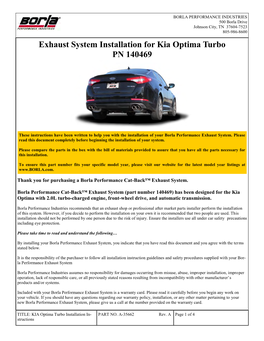 Exhaust System Installation for Kia Optima Turbo PN 140469