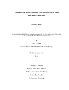 Optimization of Transgene Expression in Chlamydomonas Reinhardtii and Its Biotechnological Applications DISSERTATION Presented I