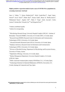 Highly Predictive Regression Model of Active Cases of COVID-19 in a Population by Screening Wastewater Viral Load