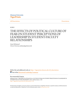 THE EFFECTS of POLITICAL CULTURE of FEAR on STUDENT PERCEPTIONS of LEADERSHIP in STUDENT-FACULTY RELATIONSHIPS Amin Mohamed Clemson University, Amohame@G.Clemson.Edu