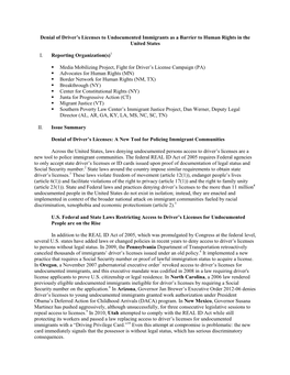 Denial of Driver's Licenses to Undocumented Immigrants As a Barrier to Human Rights in the United States I. Reporting Organiza