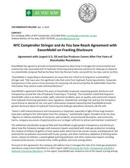 NYC Comptroller Stringer and As You Sow Reach Agreement with Exxonmobil on Fracking Disclosure