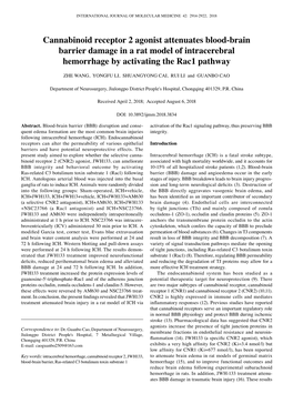 Cannabinoid Receptor 2 Agonist Attenuates Blood‑Brain Barrier Damage in a Rat Model of Intracerebral Hemorrhage by Activating the Rac1 Pathway