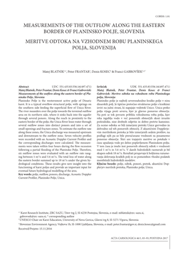 Measurements of the Outflow Along the Eastern Border of Planinsko Polje, Slovenia Meritve Odtoka Na Vzhodnem Robu Planinskega Polja, Slovenija