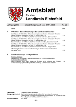 Berichtigung Der Öffentlichen Bekanntmachung Des Landkreises Eichsfeld Im Amtsblatt Für Den Landkreis Eichsfeld Nr. 32 Vom 12.12.2001 Seite 415