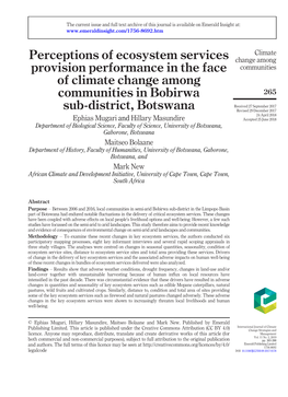 Perceptions of Ecosystem Services Provision Performance in the Face Of