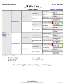 Shakin It up Dark Bay Or Brown Horse; Mar 19, 2010 10 Starts, G1 Winner Click Here for Interactive Nicking Mr