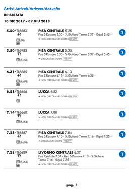 PISA CENTRALE 5.25 L Pisa S.Rossore 5.30 - S.Giuliano Terme 5.37 - Rigoli 5.45 - a 2 F * NON CIRCOLA NEI GIORNI [Festivi] G