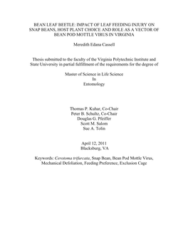 Bean Leaf Beetle: Impact of Leaf Feeding Injury on Snap Beans, Host Plant Choice and Role As a Vector of Bean Pod Mottle Virus in Virginia