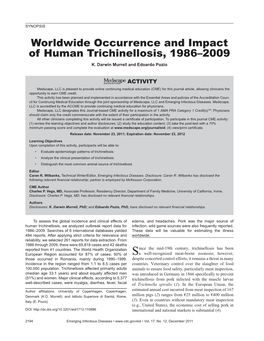 Worldwide Occurrence and Impact of Human Trichinellosis, 1986–2009 K