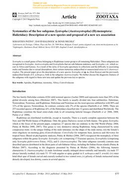 Systematics of the Bee Subgenus Systropha (Austrosystropha) (Hymenoptera: Halictidae): Description of a New Species and Proposal of a New Sex Association