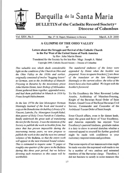 Barquilla De Ia Santa Maria BULLETIN of the Catholic Record Society­ Diocese of Columbus