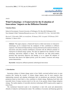 Wind Technology: a Framework for the Evaluation of Innovations’ Impacts on the Diffusion Potential