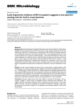 Lack of Genomic Evidence of AI-2 Receptors Suggests a Non-Quorum Sensing Role for Luxs in Most Bacteria Fabio Rezzonico* and Brion Duffy