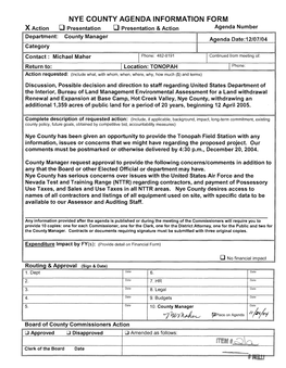 NYE COUNTY AGENDA INFORMATION FORM X Action a Presentation 0 Presentation & Action Agenda Number Department: County Manager Agenda Date:I 21617104