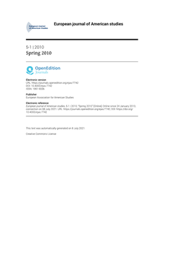 European Journal of American Studies, 5-1 | 2010, “Spring 2010” [Online], Online Since 24 January 2010, Connection on 08 July 2021