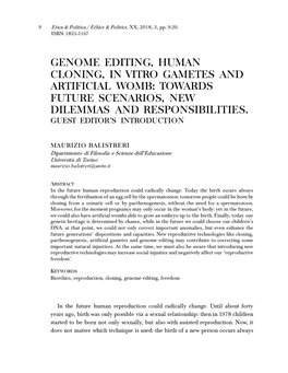 Genome Editing, Human Cloning, in Vitro Gametes and Artificial Womb: Towards Future Scenarios, New Dilemmas and Responsibilities