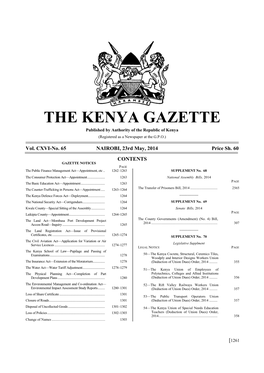 THE KENYA GAZETTE Published by Authority of the Republic of Kenya (Registered As a Newspaper at the G.P.O.)