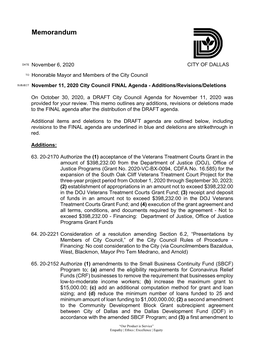 November 11, 2020 City Council FINAL Agenda - Additions/Revisions/Deletions