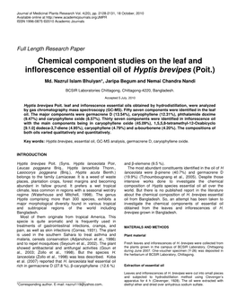 Chemical Component Studies on the Leaf and Inflorescence Essential Oil of Hyptis Brevipes (Poit.)