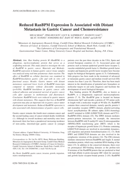 Reduced Ranbpm Expression Is Associated with Distant Metastasis in Gastric Cancer and Chemoresistance