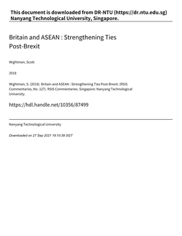 Britain and ASEAN : Strengthening Ties Post‑Brexit