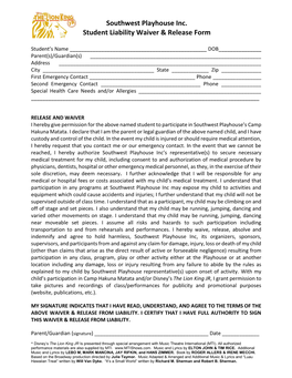 Southwest Playhouse Inc. Student Liability Waiver & Release Form