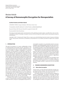 Review Article a Survey of Homomorphic Encryption for Nonspecialists