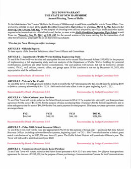 2021 TOWN WARRANT the STATE of NEW HAMPSHIRE Annual Meeting, Town of Hollis