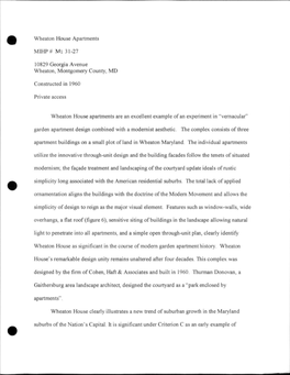 Wheaton House Apartments MIHP# M; 31-27 10829 Georgia Avenue Wheaton, Montgomery County, MD Constructed in 1960 Private Access W