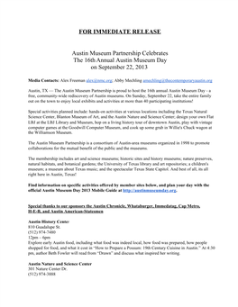 FOR IMMEDIATE RELEASE Austin Museum Partnership Celebrates