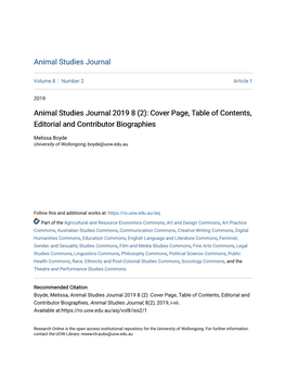 Animal Studies Journal 2019 8 (2): Cover Page, Table of Contents, Editorial and Contributor Biographies