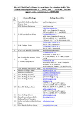 List of E-Mail Ids of Affiliated Degree Colleges for Uploading the PDF Files (Answer Sheets) by the Students of 1St and 3Rd Sem