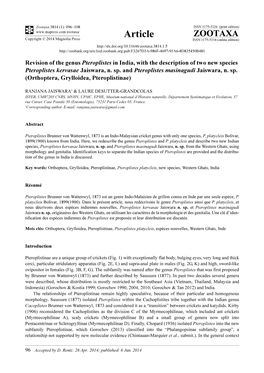 Revision of the Genus Pteroplistes in India, with the Description of Two New Species Pteroplistes Kervasae Jaiswara, N