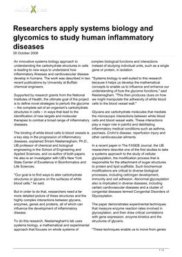 Researchers Apply Systems Biology and Glycomics to Study Human Inflammatory Diseases 28 October 2008