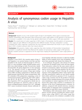 Analysis of Synonymous Codon Usage in Hepatitis a Virus