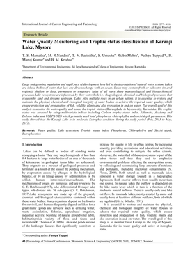 Water Quality Monitoring and Trophic Status Classification of Karanji Lake, Mysore