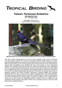 Taiwan: Formosan Endemics Set Departure Tour 14Th – 27Th April, 2013