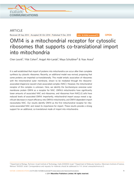 OM14 Is a Mitochondrial Receptor for Cytosolic Ribosomes That Supports Co-Translational Import Into Mitochondria