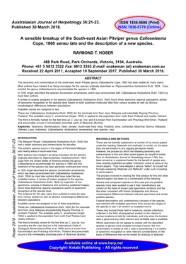 A Sensible Breakup of the South-East Asian Pitviper Genus Calloselasma Cope, 1860 Sensu Lato and the Description of a New Species