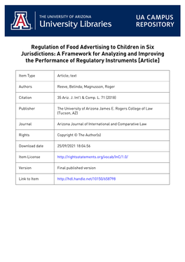 Regulation of Food Advertising to Children in Six Jurisdictions: a Framework for Analyzing and Improving the Performance of Regulatory Instruments [Article]