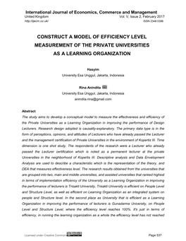 Construct a Model of Efficiency Level Measurement of the Private Universities As a Learning Organization