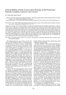 Critical Habitat and the Conservation Ecology of the Freshwater Parasitic Lamprey, Lampetra Macrostoma