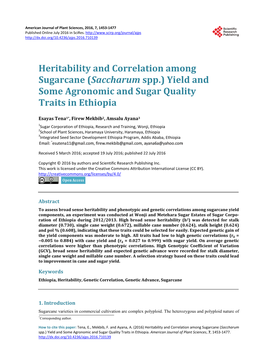 Heritability and Correlation Among Sugarcane (Saccharum Spp.) Yield and Some Agronomic and Sugar Quality Traits in Ethiopia