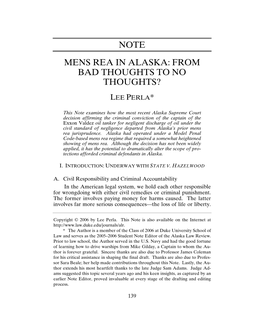 Note Mens Rea in Alaska: from Bad Thoughts to No Thoughts?