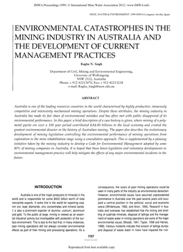 Environmental Catastrophes in the Mining Industry in Australia and the Development of Current Management Practices