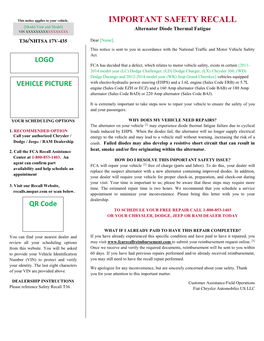 IMPORTANT SAFETY RECALL [Model Year and Model] Alternator Diode Thermal Fatigue VIN XXXXXXXXXXXXXXXXX