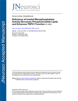 Deficiency of Inositol Monophosphatase Activity Decreases Phosphoinositide Lipids and Enhances TRPV1 Function in Vivo