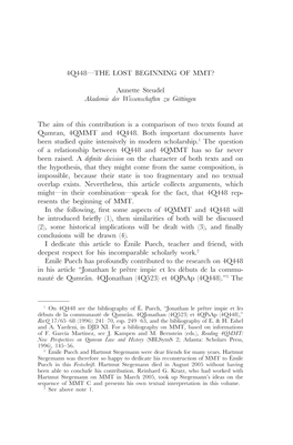 4Q448—THE LOST BEGINNING of MMT? Annette Steudel Akademie Der Wissenschaften Zu Göttingen the Aim of This Contribution Is